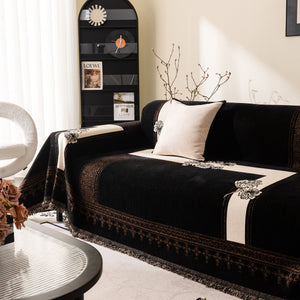 Jacquard Floral Band Sofa Cover with Tassels, Thick Textured Couch Throw Blanket