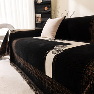 Jacquard Floral Band Sofa Cover with Tassels, Thick Textured Couch Throw Blanket