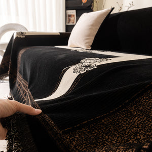 Jacquard Floral Band Sofa Cover with Tassels, Thick Textured Couch Throw Blanket