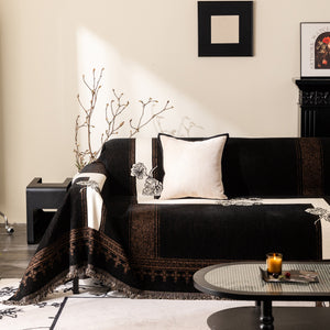 Jacquard Floral Band Sofa Cover with Tassels, Thick Textured Couch Throw Blanket