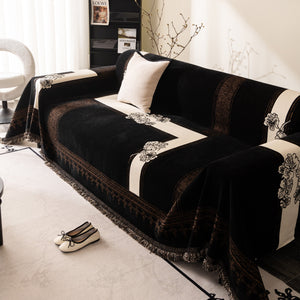 Jacquard Floral Band Sofa Cover with Tassels, Thick Textured Couch Throw Blanket