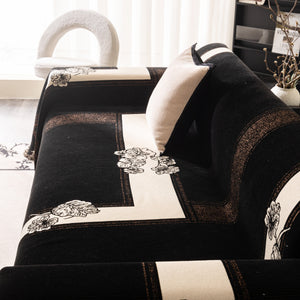 Jacquard Floral Band Sofa Cover with Tassels, Thick Textured Couch Throw Blanket