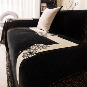 Jacquard Floral Band Sofa Cover with Tassels, Thick Textured Couch Throw Blanket