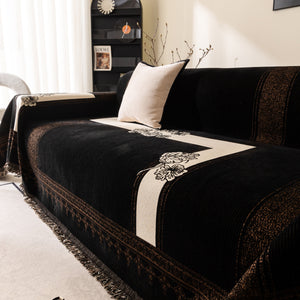 Jacquard Floral Band Sofa Cover with Tassels, Thick Textured Couch Throw Blanket