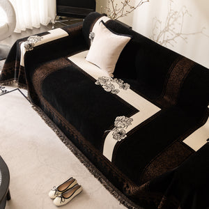 Jacquard Floral Band Sofa Cover with Tassels, Thick Textured Couch Throw Blanket