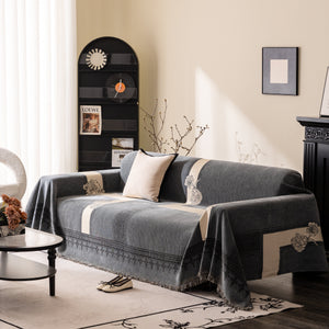 Jacquard Floral Band Sofa Cover with Tassels, Thick Textured Couch Throw Blanket