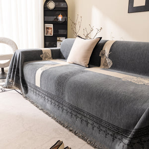 Jacquard Floral Band Sofa Cover with Tassels, Thick Textured Couch Throw Blanket