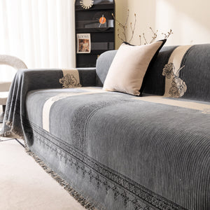 Jacquard Floral Band Sofa Cover with Tassels, Thick Textured Couch Throw Blanket