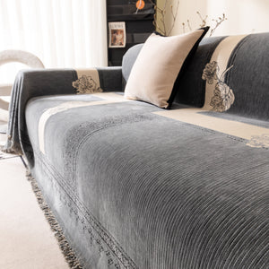 Jacquard Floral Band Sofa Cover with Tassels, Thick Textured Couch Throw Blanket