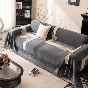 Jacquard Floral Band Sofa Cover with Tassels, Thick Textured Couch Throw Blanket