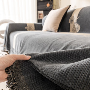 Jacquard Floral Band Sofa Cover with Tassels, Thick Textured Couch Throw Blanket