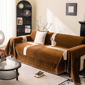 Jacquard Floral Band Sofa Cover with Tassels, Thick Textured Couch Throw Blanket