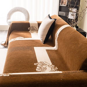 Jacquard Floral Band Sofa Cover with Tassels, Thick Textured Couch Throw Blanket