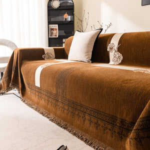 Jacquard Floral Band Sofa Cover with Tassels, Thick Textured Couch Throw Blanket