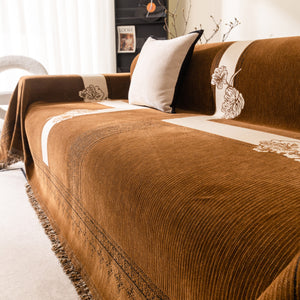 Jacquard Floral Band Sofa Cover with Tassels, Thick Textured Couch Throw Blanket