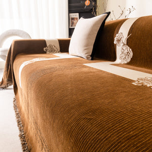 Jacquard Floral Band Sofa Cover with Tassels, Thick Textured Couch Throw Blanket