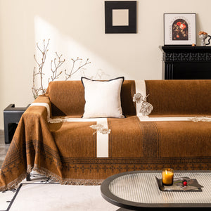 Jacquard Floral Band Sofa Cover with Tassels, Thick Textured Couch Throw Blanket