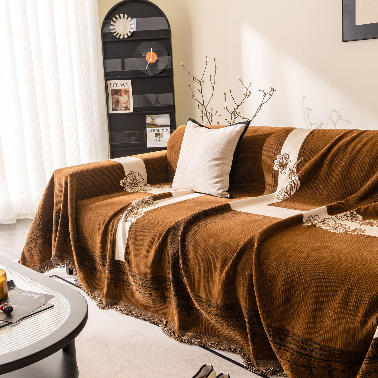 Jacquard Floral Band Sofa Cover with Tassels, Thick Textured Couch Throw Blanket