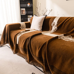 Jacquard Floral Band Sofa Cover with Tassels, Thick Textured Couch Throw Blanket