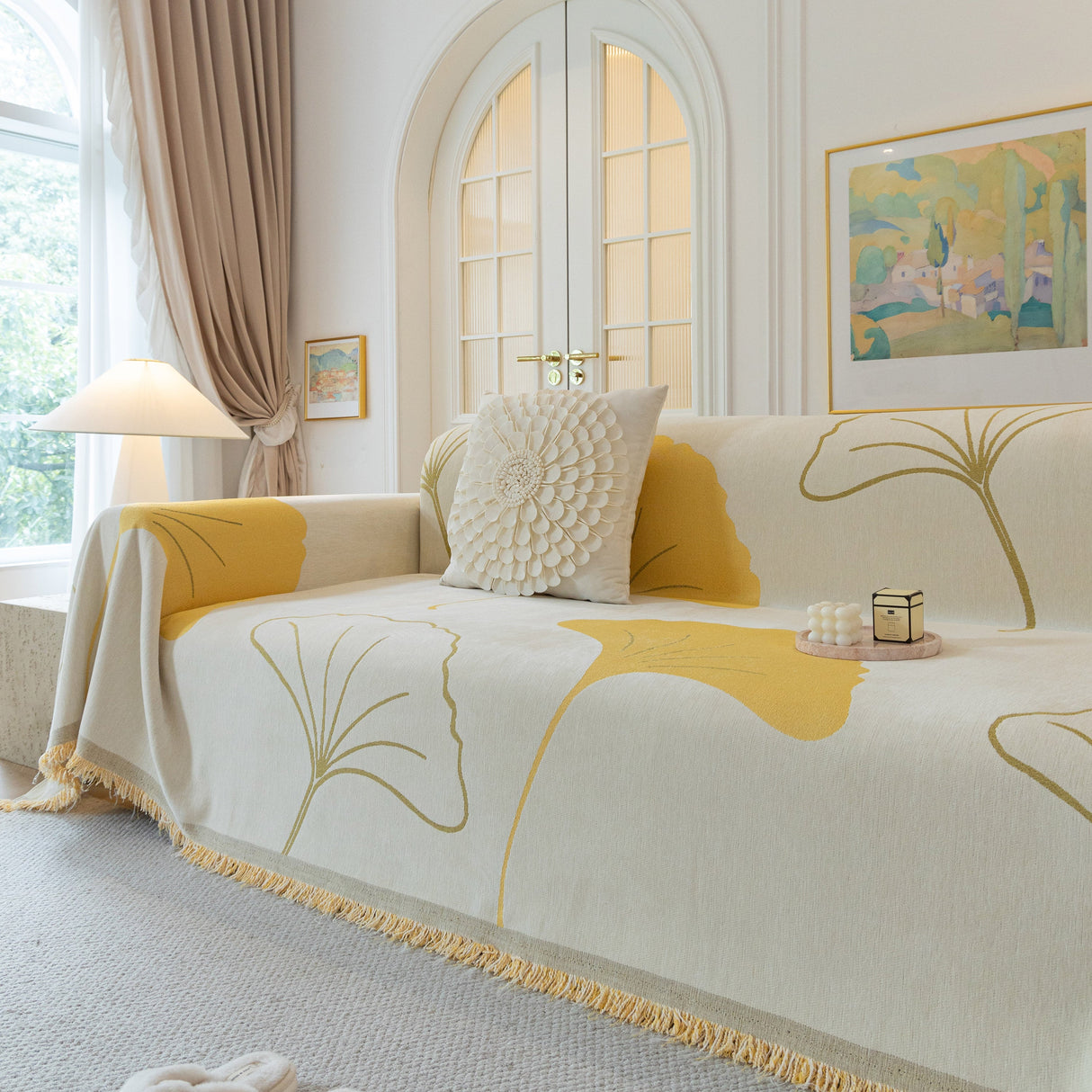 Cozy Couch Throw Blanket with Tassels, Jacquard Leaf Pattern Furniture Protector