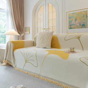 Cozy Couch Throw Blanket with Tassels, Jacquard Leaf Pattern Furniture Protector