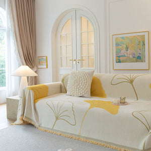 Cozy Couch Throw Blanket with Tassels, Jacquard Leaf Pattern Furniture Protector