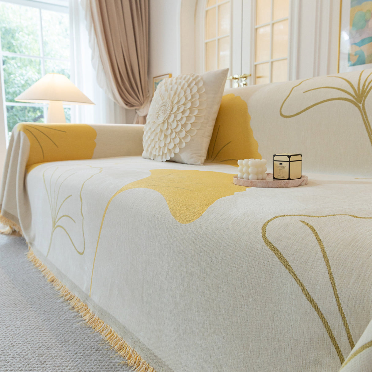 Cozy Couch Throw Blanket with Tassels, Jacquard Leaf Pattern Furniture Protector