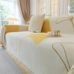 Cozy Couch Throw Blanket with Tassels, Jacquard Leaf Pattern Furniture Protector