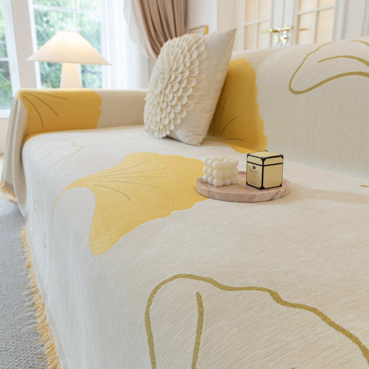 Cozy Couch Throw Blanket with Tassels, Jacquard Leaf Pattern Furniture Protector