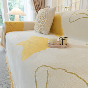 Cozy Couch Throw Blanket with Tassels, Jacquard Leaf Pattern Furniture Protector