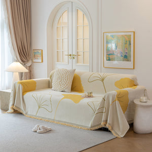 Cozy Couch Throw Blanket with Tassels, Jacquard Leaf Pattern Furniture Protector