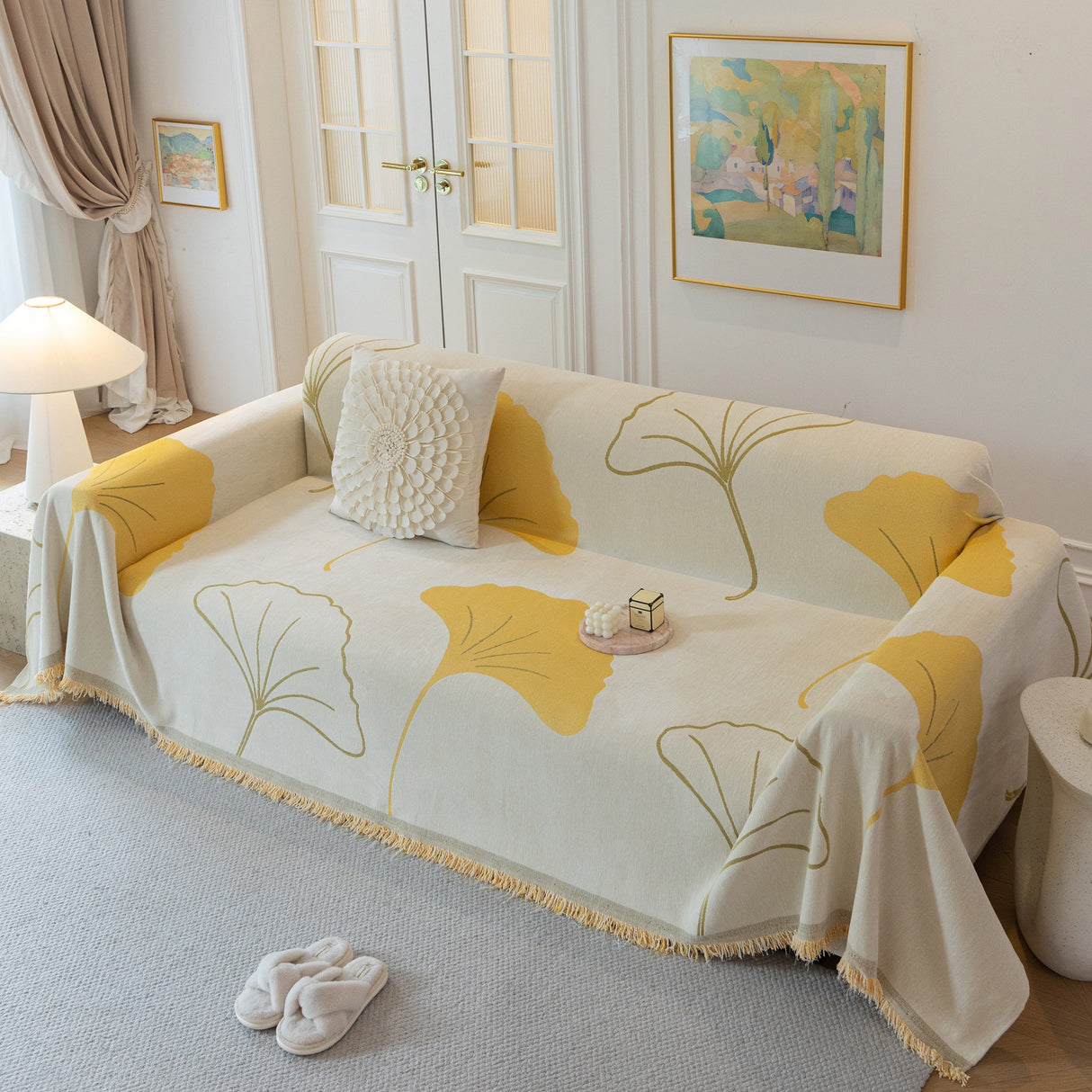 Cozy Couch Throw Blanket with Tassels, Jacquard Leaf Pattern Furniture Protector