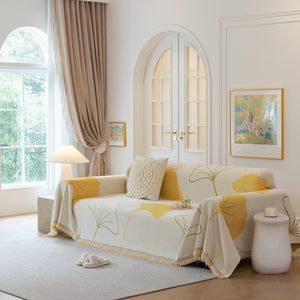 Cozy Couch Throw Blanket with Tassels, Jacquard Leaf Pattern Furniture Protector