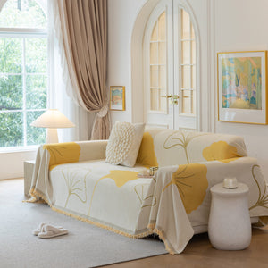 Cozy Couch Throw Blanket with Tassels, Jacquard Leaf Pattern Furniture Protector