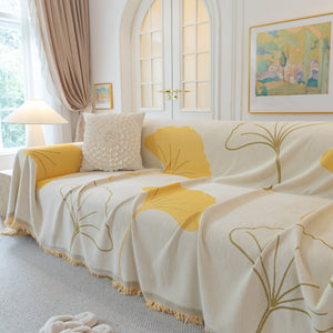 Cozy Couch Throw Blanket with Tassels, Jacquard Leaf Pattern Furniture Protector