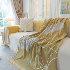 Cozy Couch Throw Blanket with Tassels, Jacquard Leaf Pattern Furniture Protector