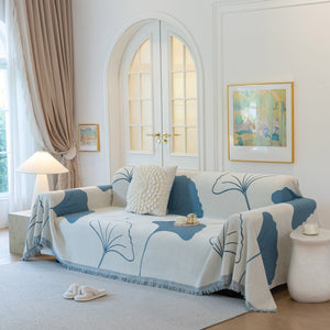 Cozy Couch Throw Blanket with Tassels, Jacquard Leaf Pattern Furniture Protector