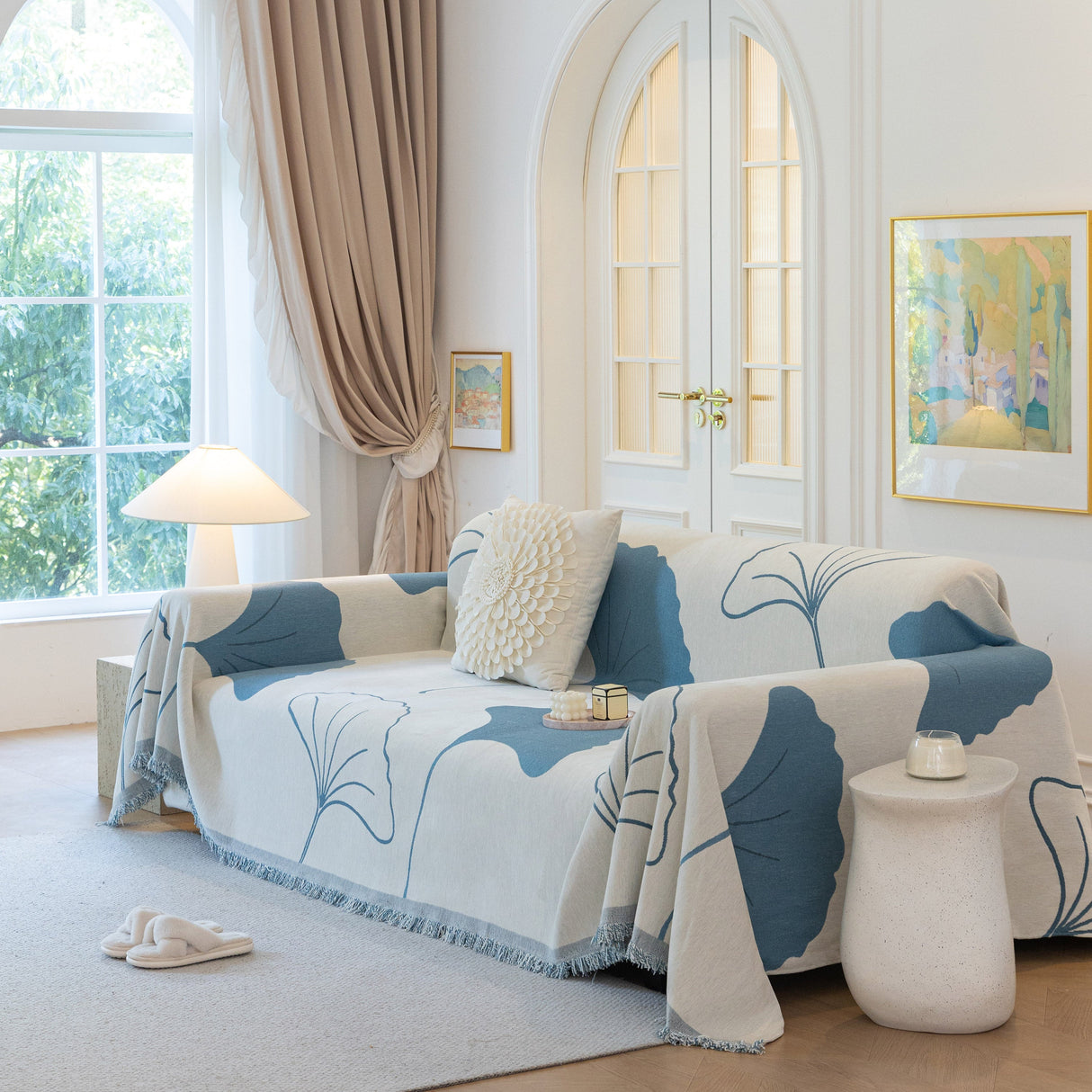 Cozy Couch Throw Blanket with Tassels, Jacquard Leaf Pattern Furniture Protector