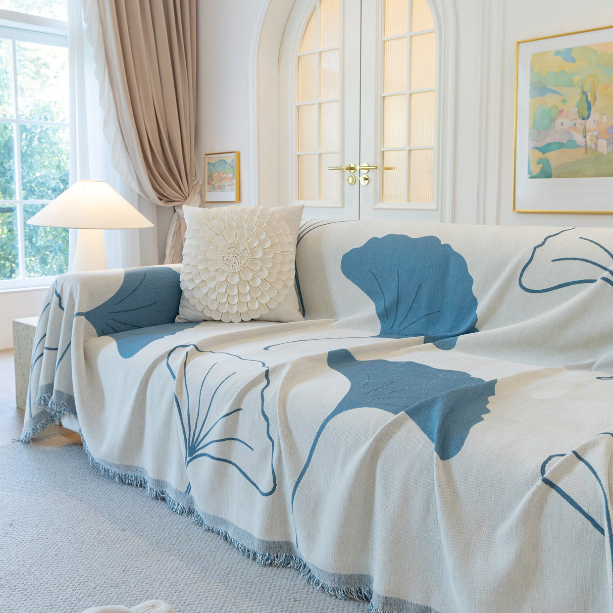 Cozy Couch Throw Blanket with Tassels, Jacquard Leaf Pattern Furniture Protector