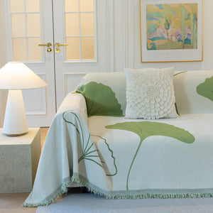 Cozy Couch Throw Blanket with Tassels, Jacquard Leaf Pattern Furniture Protector