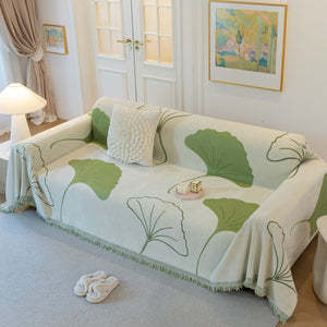 Cozy Couch Throw Blanket with Tassels, Jacquard Leaf Pattern Furniture Protector