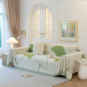 Cozy Couch Throw Blanket with Tassels, Jacquard Leaf Pattern Furniture Protector