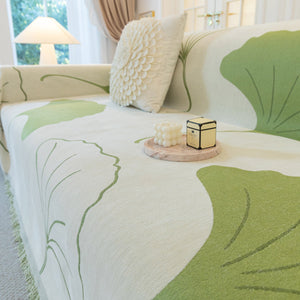 Cozy Couch Throw Blanket with Tassels, Jacquard Leaf Pattern Furniture Protector