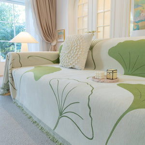 Cozy Couch Throw Blanket with Tassels, Jacquard Leaf Pattern Furniture Protector