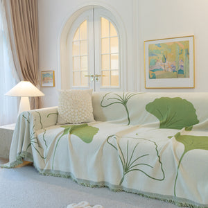 Cozy Couch Throw Blanket with Tassels, Jacquard Leaf Pattern Furniture Protector