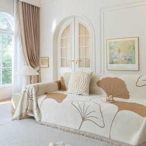 Cozy Couch Throw Blanket with Tassels, Jacquard Leaf Pattern Furniture Protector