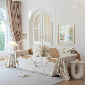 Cozy Couch Throw Blanket with Tassels, Jacquard Leaf Pattern Furniture Protector