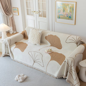 Cozy Couch Throw Blanket with Tassels, Jacquard Leaf Pattern Furniture Protector