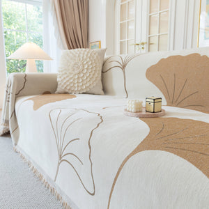 Cozy Couch Throw Blanket with Tassels, Jacquard Leaf Pattern Furniture Protector