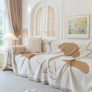 Cozy Couch Throw Blanket with Tassels, Jacquard Leaf Pattern Furniture Protector